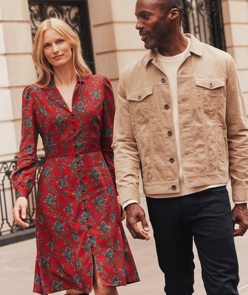 Model is wearing UNTUCKit Soft Bandana Paisley Jessa Dress in red.