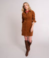 Model is wearing UNTUCKit Cord Solid Cora Shirtdress in Chestnut Brown Solid. 