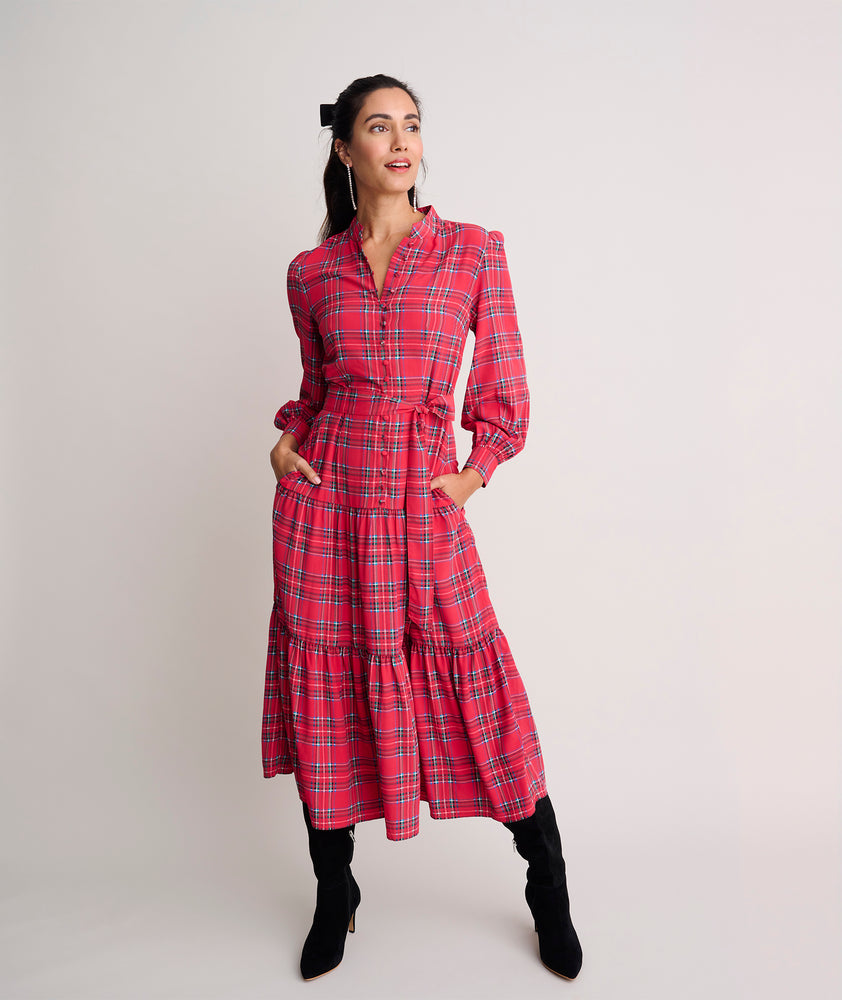 Model is wearing UNTUCKIt Meredith dress in plaid red.