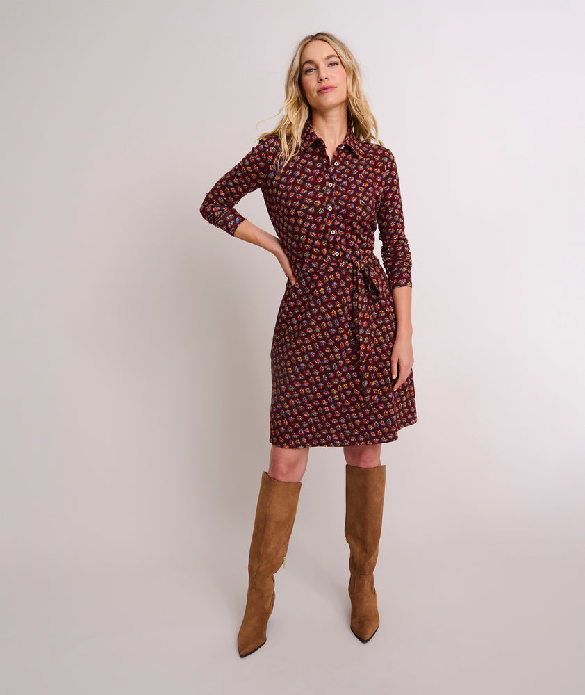 Model is wearing UNTUCKit Jersey Knit Romy Shirtdress in brown. 