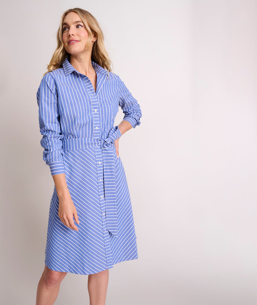 Model is wearing UNTUCKit Cotton Stretch Stripe Nadia Shirtdress. 