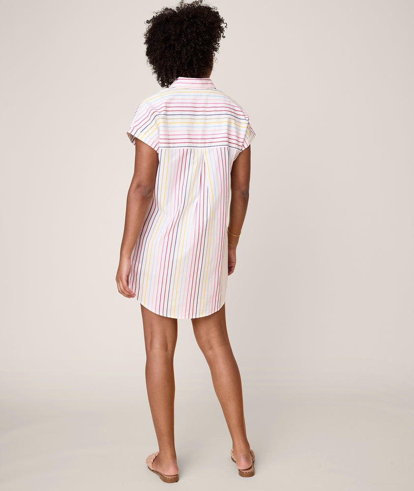 Model is wearing UNTUCKit White with Multicolor Stripe Eleanor Dress.