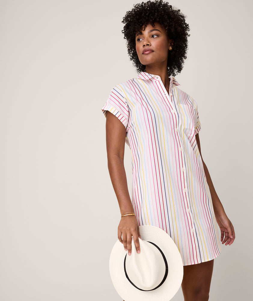 Model is wearing UNTUCKit White with Multicolor Stripe Eleanor Dress.