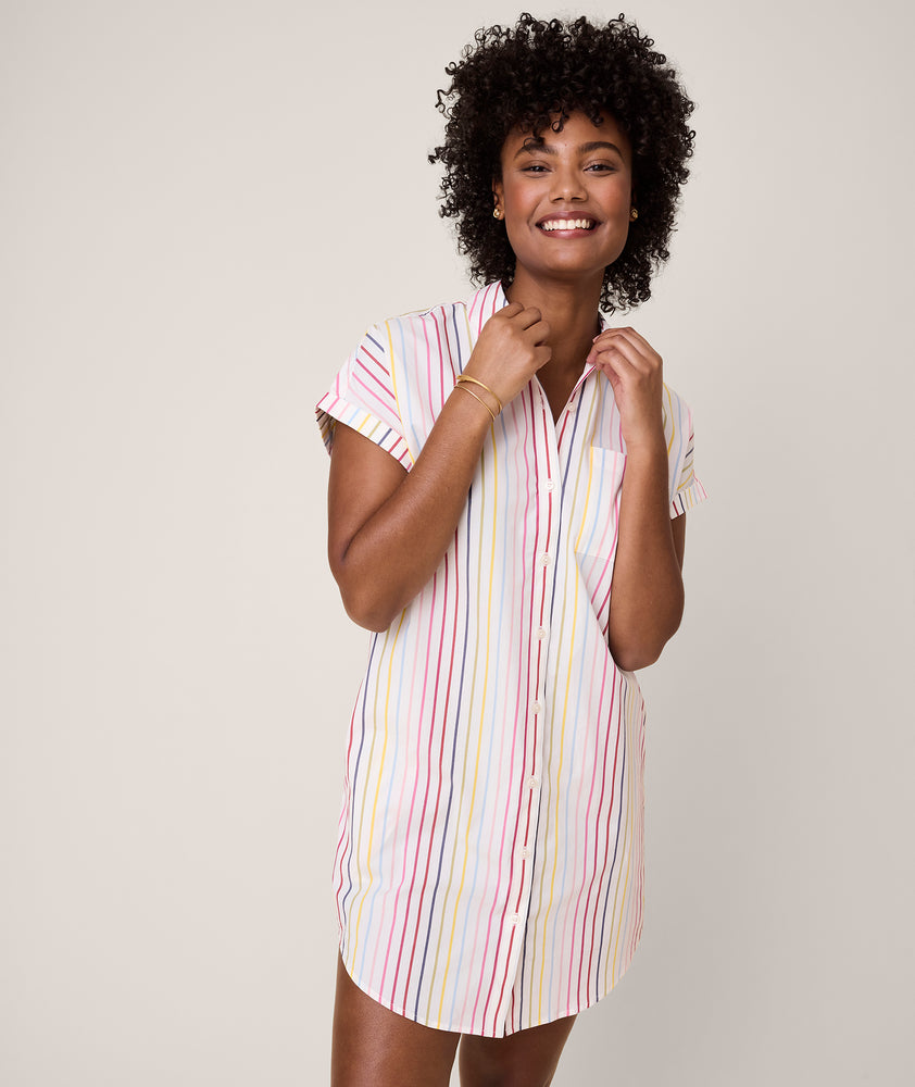 Model is wearing UNTUCKit White with Multicolor Stripe Eleanor Dress.