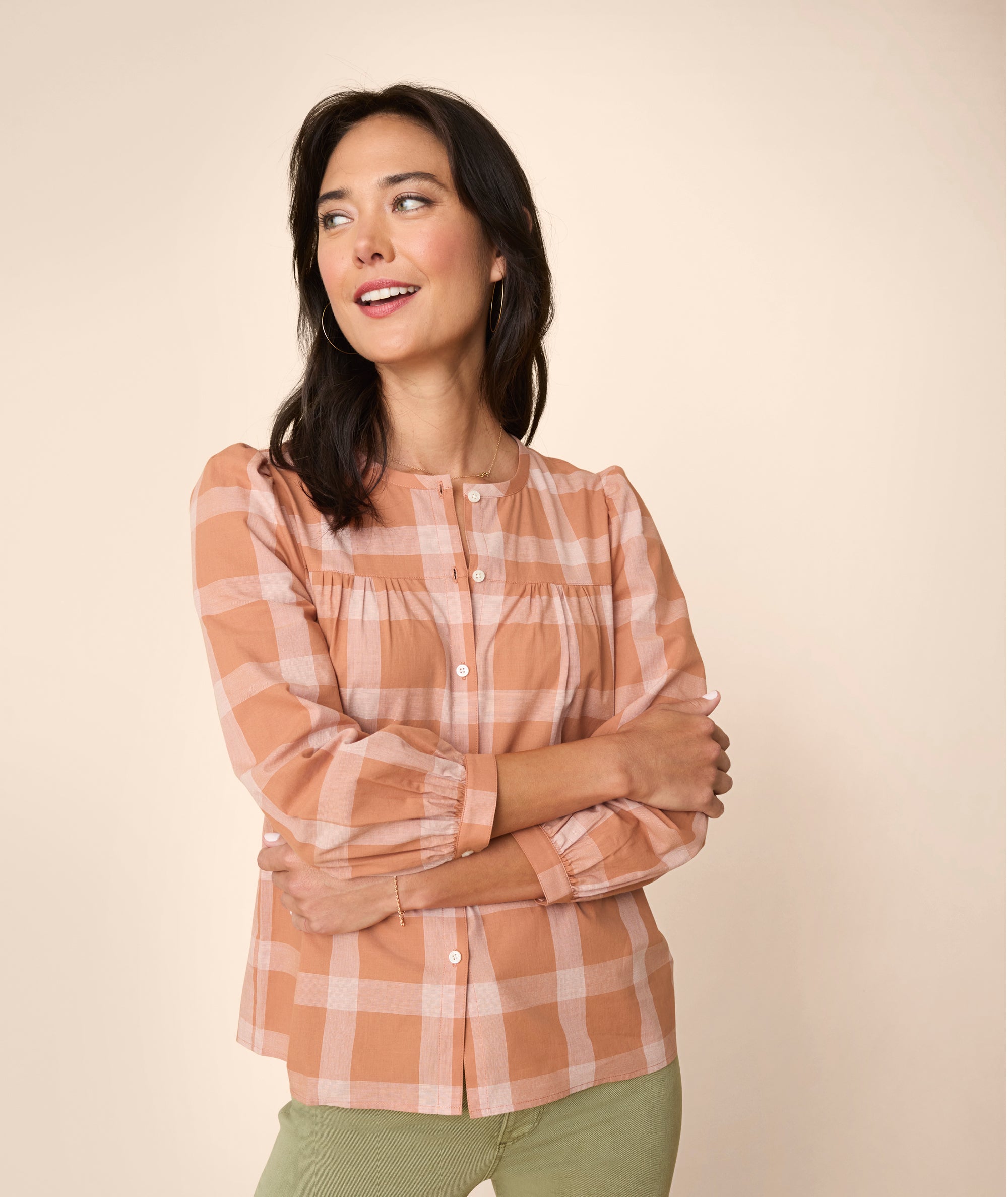 Cotton Collarless Beatrice Shirt Orange Plaid UNTUCKit