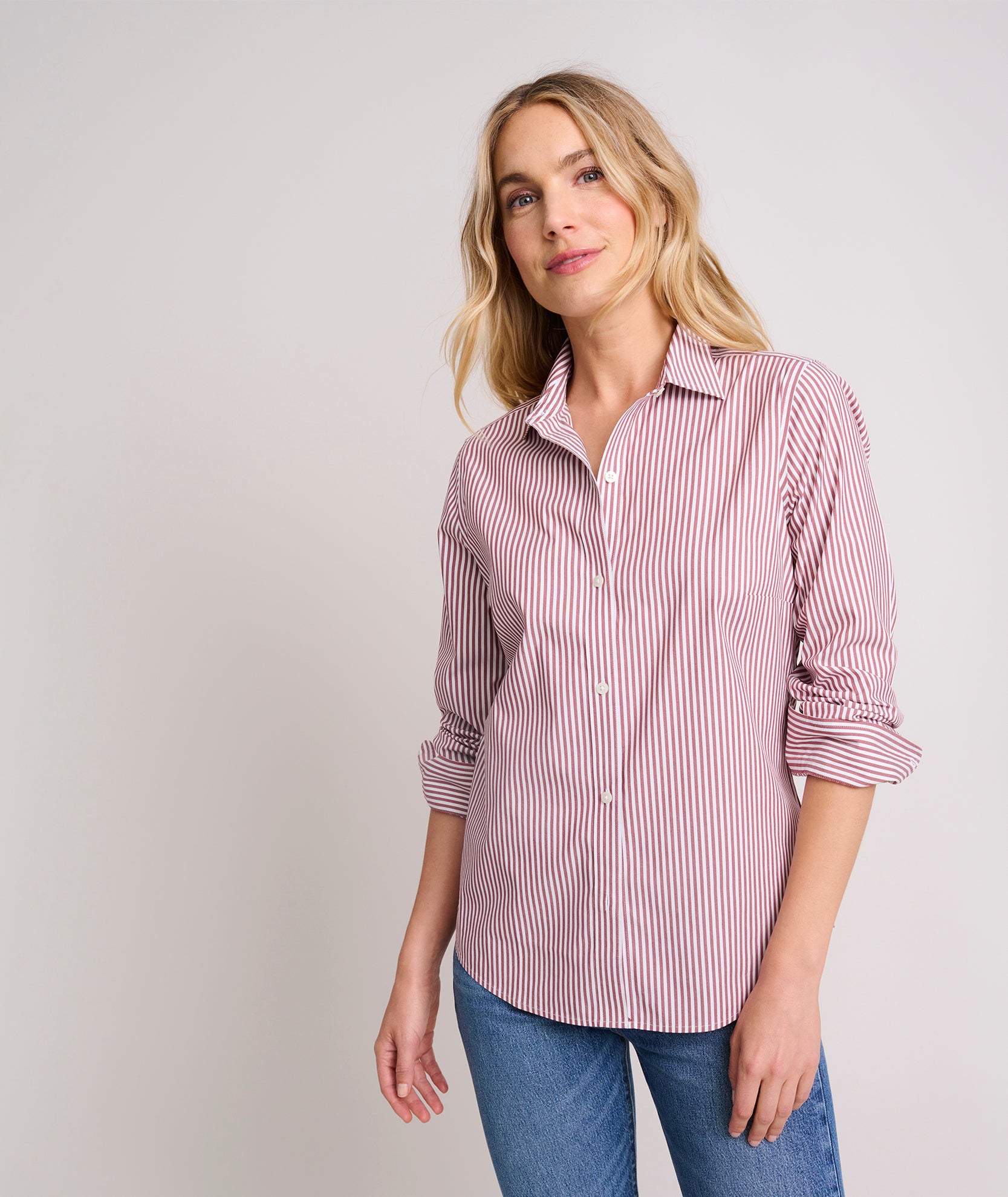 Wrinkle Free Stretch Cotton Bella Shirt Burgundy White Stripe UNTUCKit