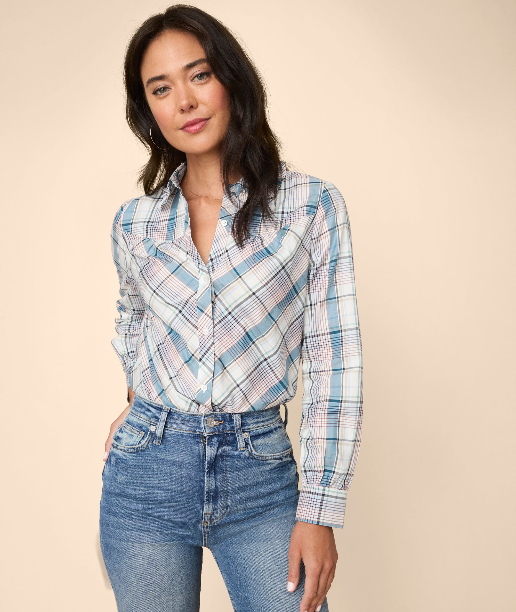 Cotton Ruffle-Collar Margot Shirt Blue Multi Plaid