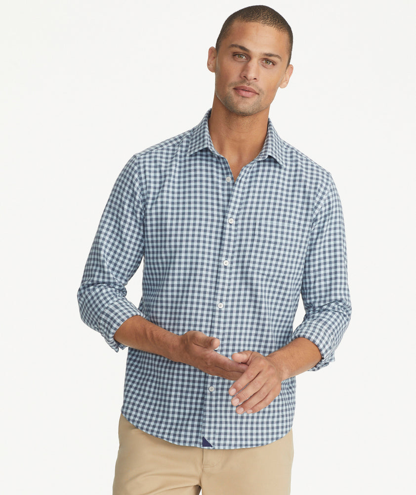 Button-down Collar Check Cotton Flannel Shirt in Pale Blue - Men