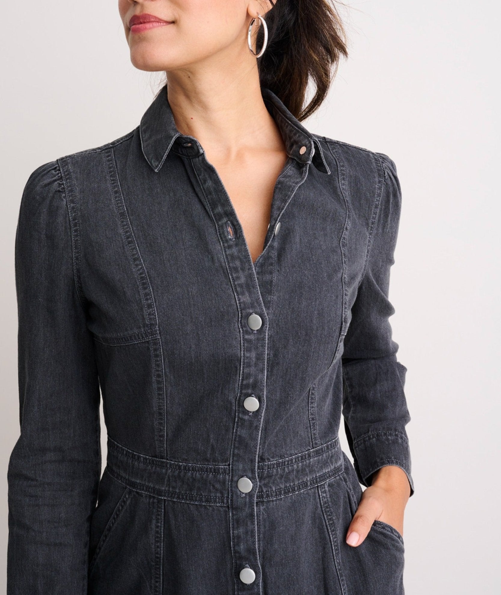 Black button down denim dress deals