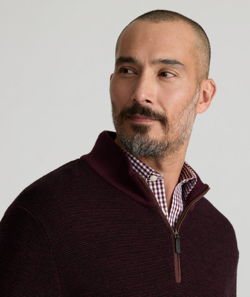 Model is wearing UNTUCKit Birdseye Merino Wool Quarter-Zip Sweater in Deep Purple.