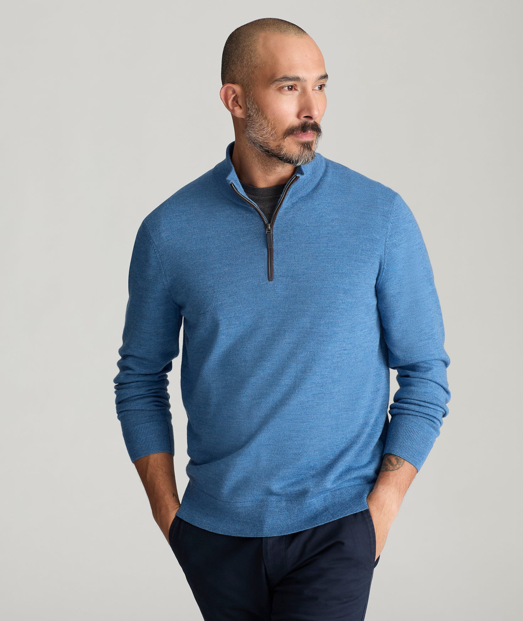 Merino Wool Quarter Zip Sweater Blue With Suede Placket UNTUCKit