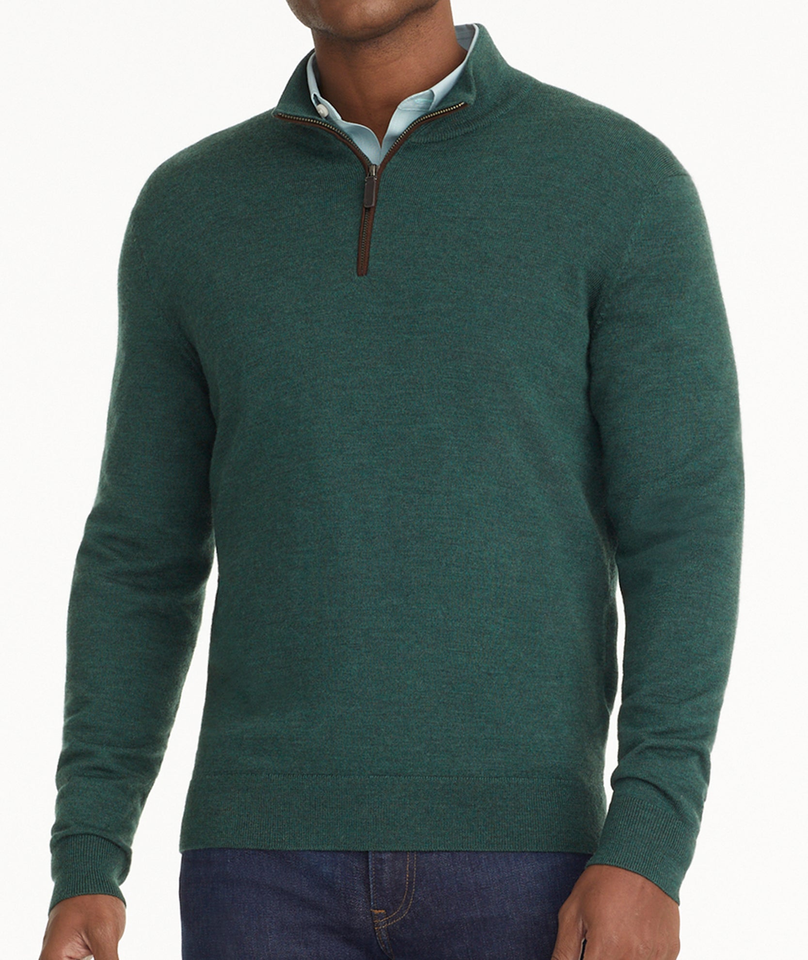 Merino Wool Quarter-Zip Sweater - Blue with Suede Placket | Untuckit