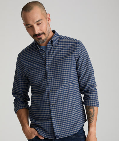 Model wearing a Blue Wrinkle-Free Performance Flannel Bergstrom Shirt.