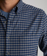 Model wearing a Blue Wrinkle-Free Performance Flannel Bergstrom Shirt.