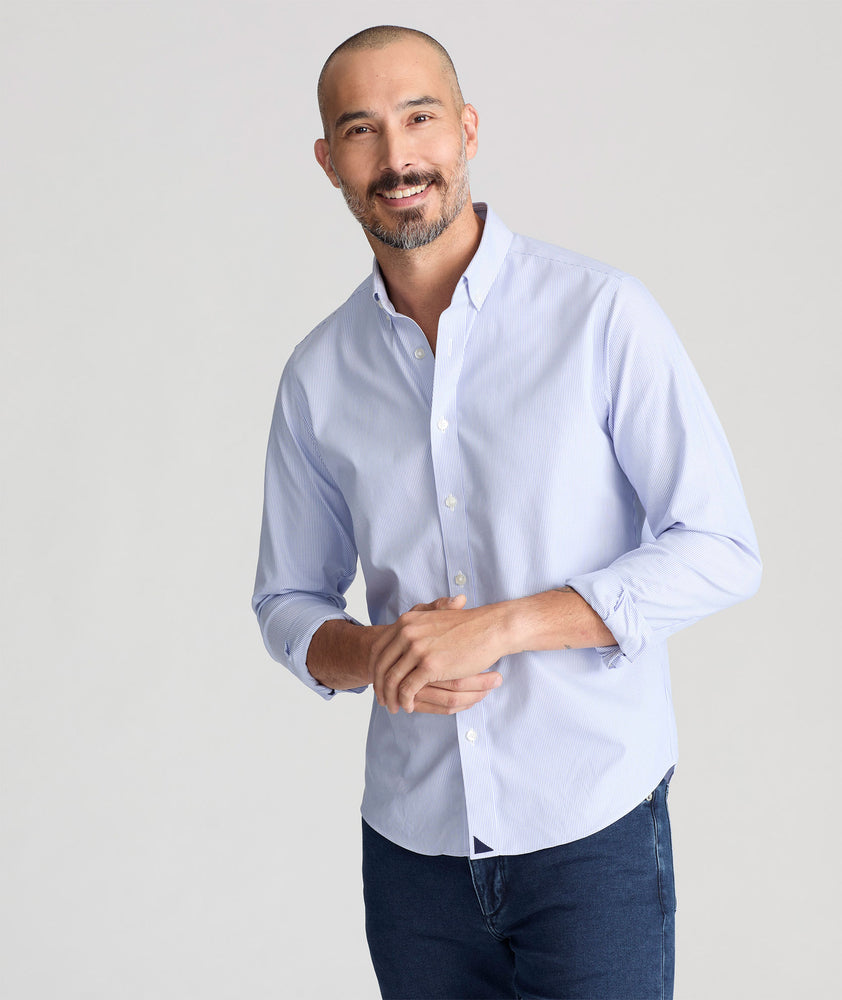 Model wearing a Blue Wrinkle-Free Bordeaux Shirt