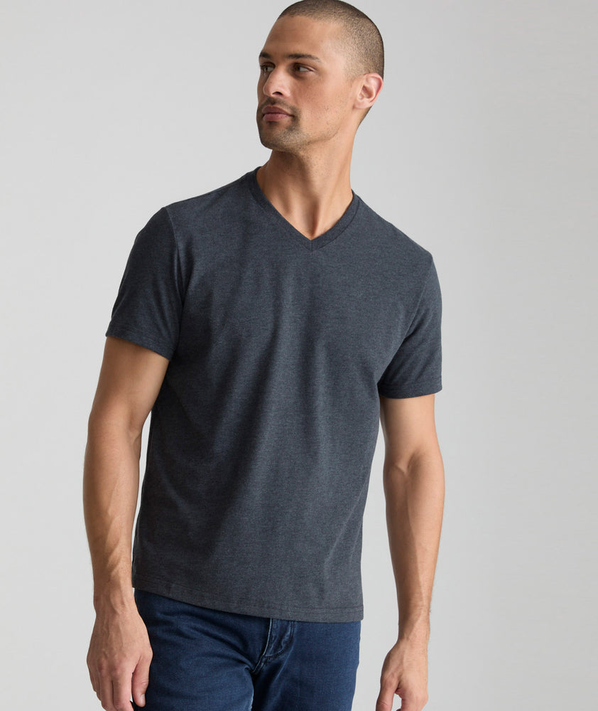 Model wearing a Blue Ultrasoft V-Neck Tee.