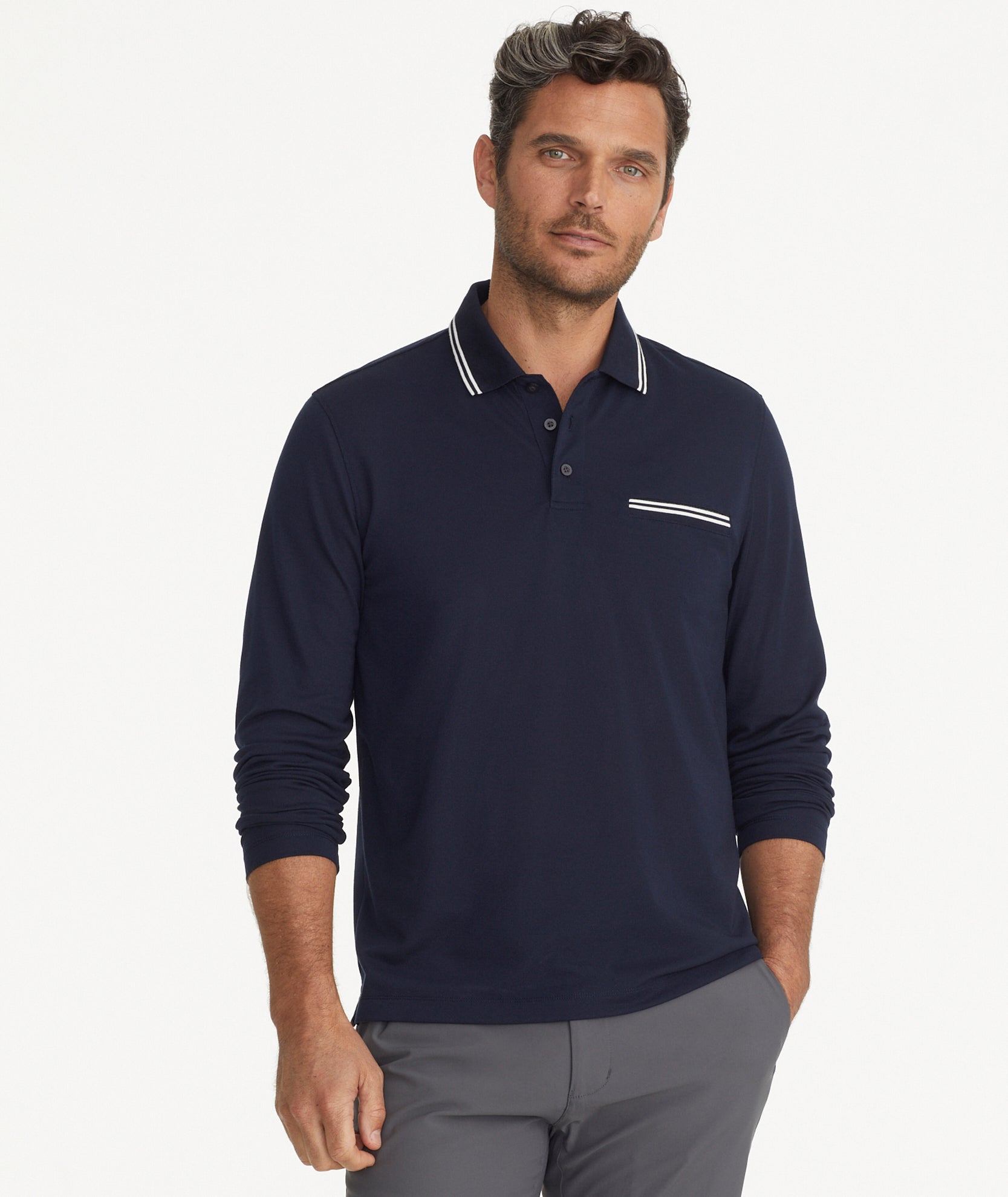 Tipped Long-Sleeve No Sweat Polo Deep Blue | UNTUCKit