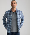 Model is wearing UNTUCKit Chaselo in light blue and navy check over shirt.