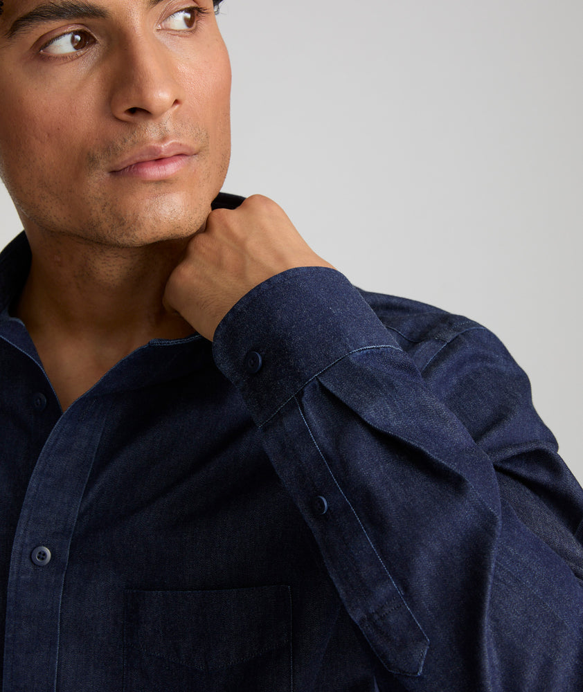 Model wearing a Mid Blue Wrinkle-Free Denim Cinzano Shirt