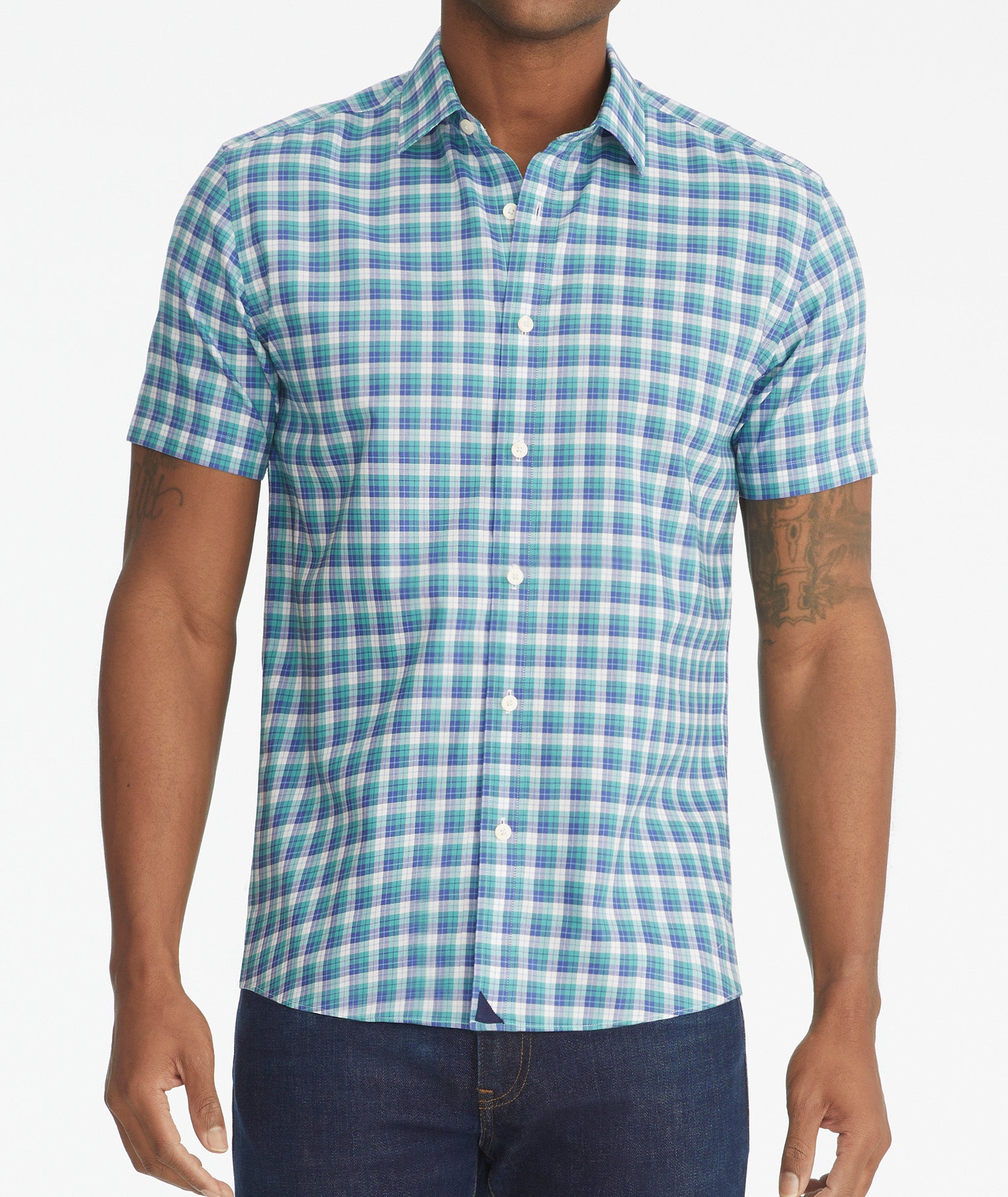 Wrinkle-Free Short-Sleeve Dameron Shirt Teal Blue & White Check | UNTUCKit