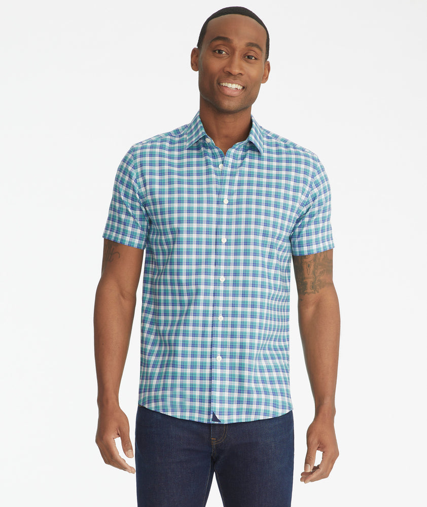 Wrinkle-Free Short-Sleeve Dameron Shirt Teal Blue & White Check | UNTUCKit