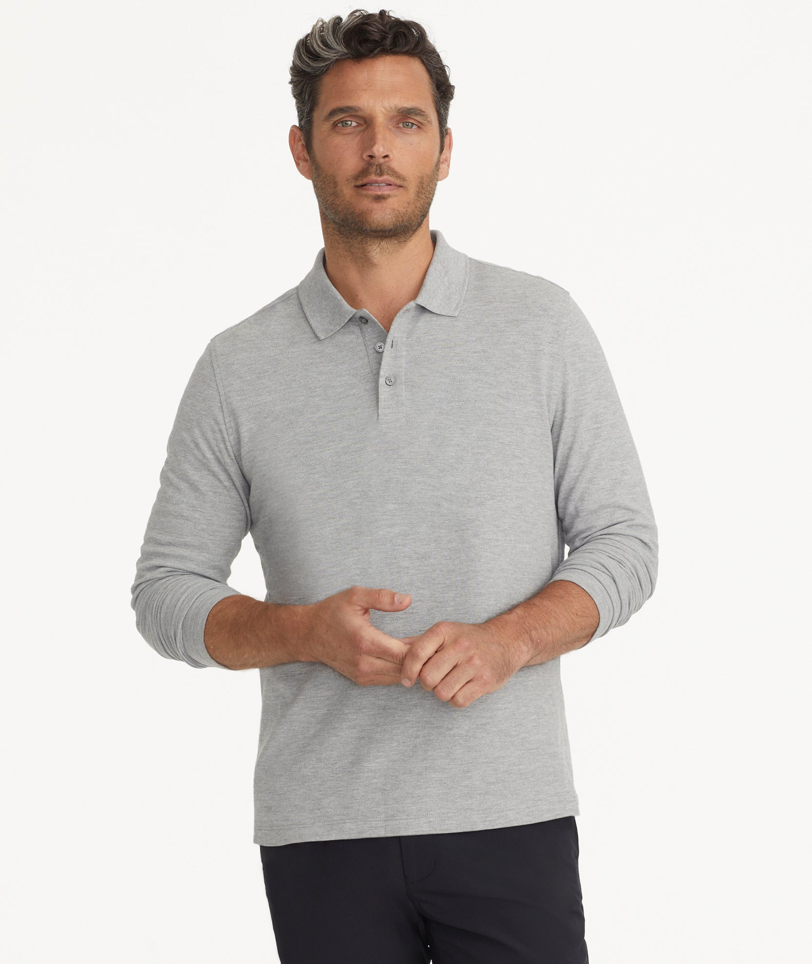 Textured Long-Sleeve No Sweat Polo Heathered Gray | UNTUCKit