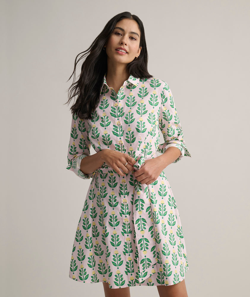 Model is wearing UNTUCKit Cotton Stretch Block Print Evelina Shirtdress.