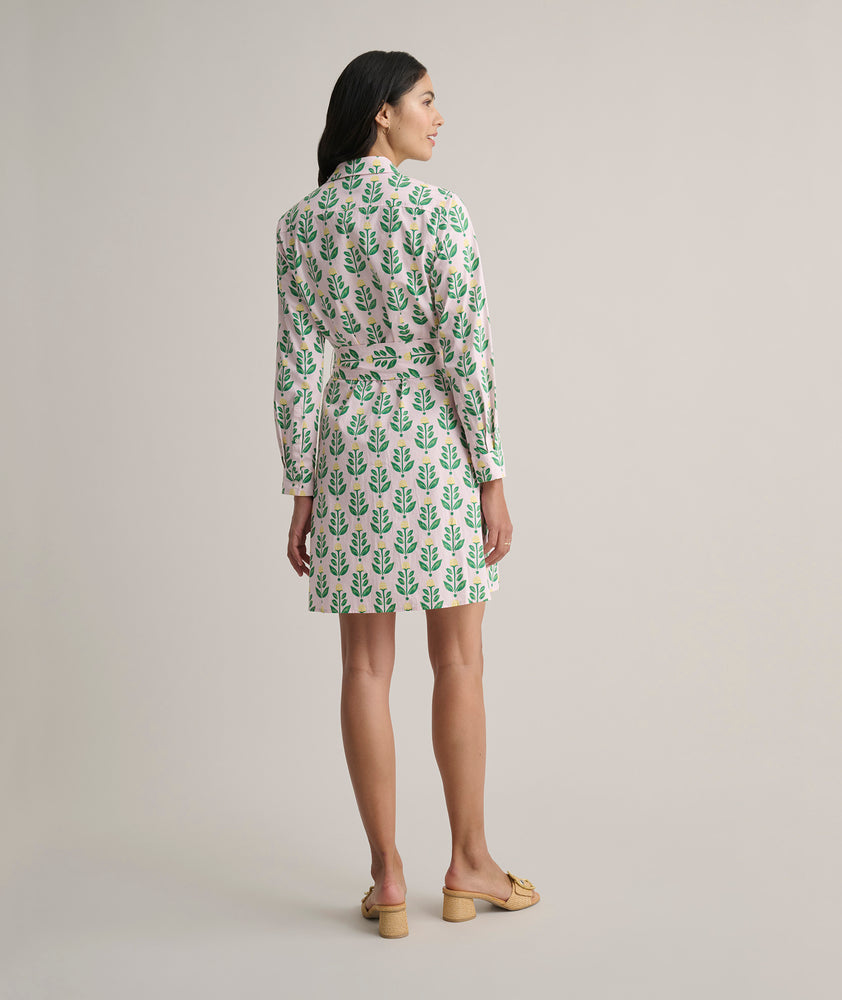 Model is wearing UNTUCKit Cotton Stretch Block Print Evelina Shirtdress.