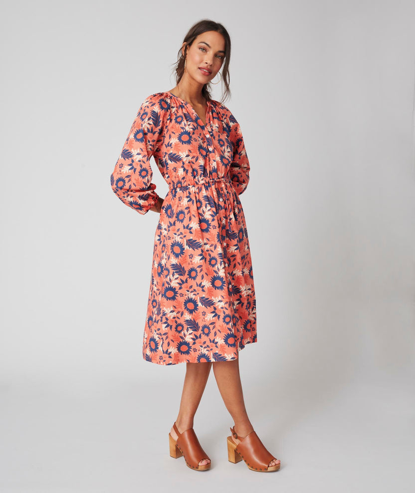 Stretch Cotton Midi Farrah Dress Orange & Navy Sunflower Print | UNTUCKit