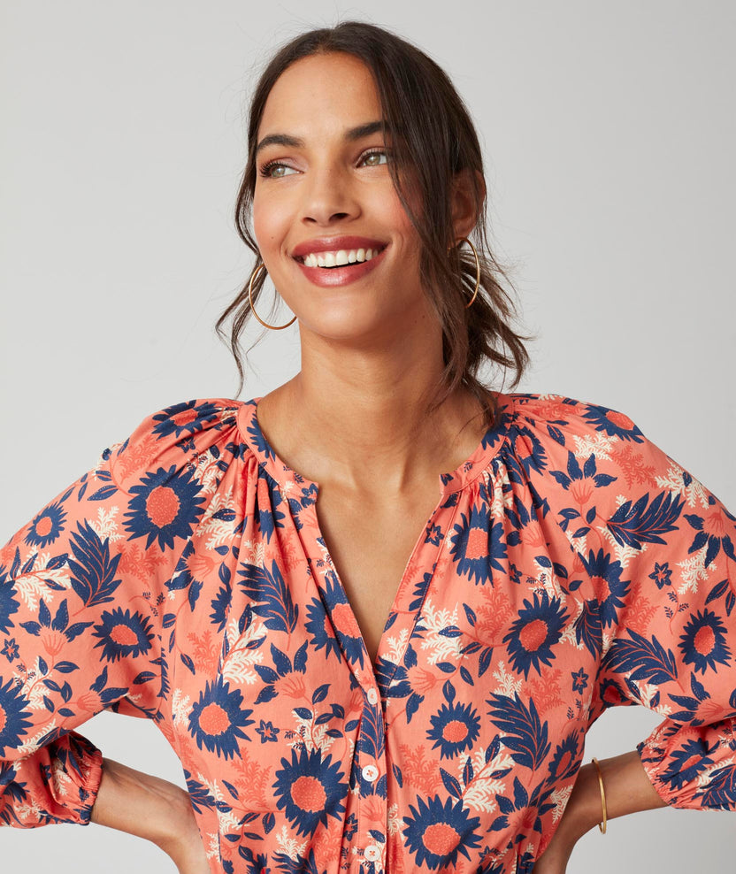 Stretch Cotton Midi Farrah Dress Orange & Navy Sunflower Print | UNTUCKit