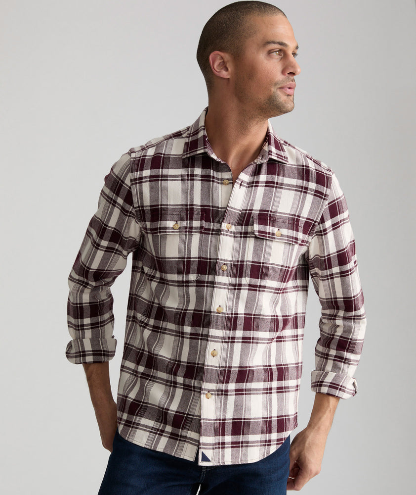 Model is wearing UNTUCKit Plaid Flannel Shirt White Grounded With Maroon Plaid | Fair Trade Certified™.