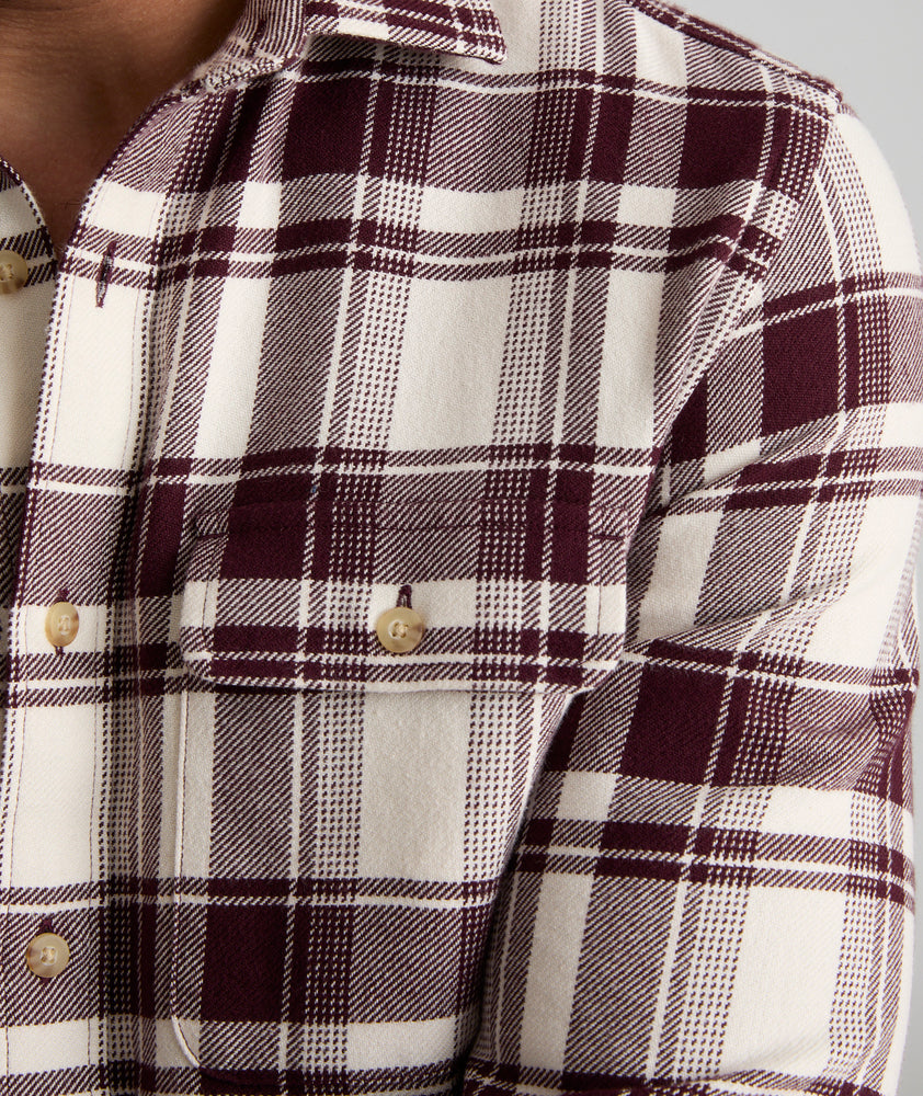 Model is wearing UNTUCKit Plaid Flannel Shirt White Grounded With Maroon Plaid | Fair Trade Certified™.