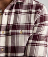 Model is wearing UNTUCKit Plaid Flannel Shirt White Grounded With Maroon Plaid | Fair Trade Certified™.