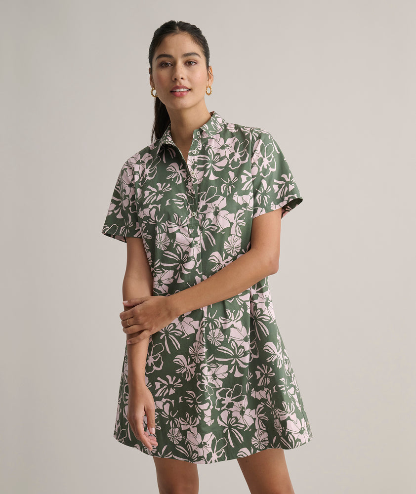 Model is wearing UNTUCKit Cotton Stretch Floral Print A-line Izzie Shirtdress.