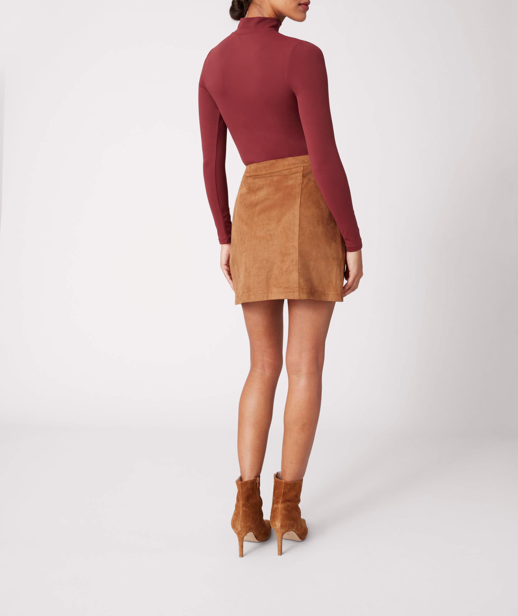 Faux Suede Button Front Kendall Skirt Solid Brown UNTUCKit