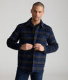 Model is wearing UNTUCKit Lagrein in black plaid. 