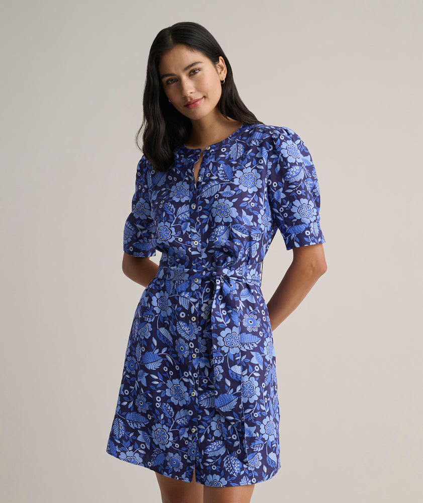 Model is wearing UNTUCKit Short Sleeve Linen Blend Floral Print Lena Shirtdress . 