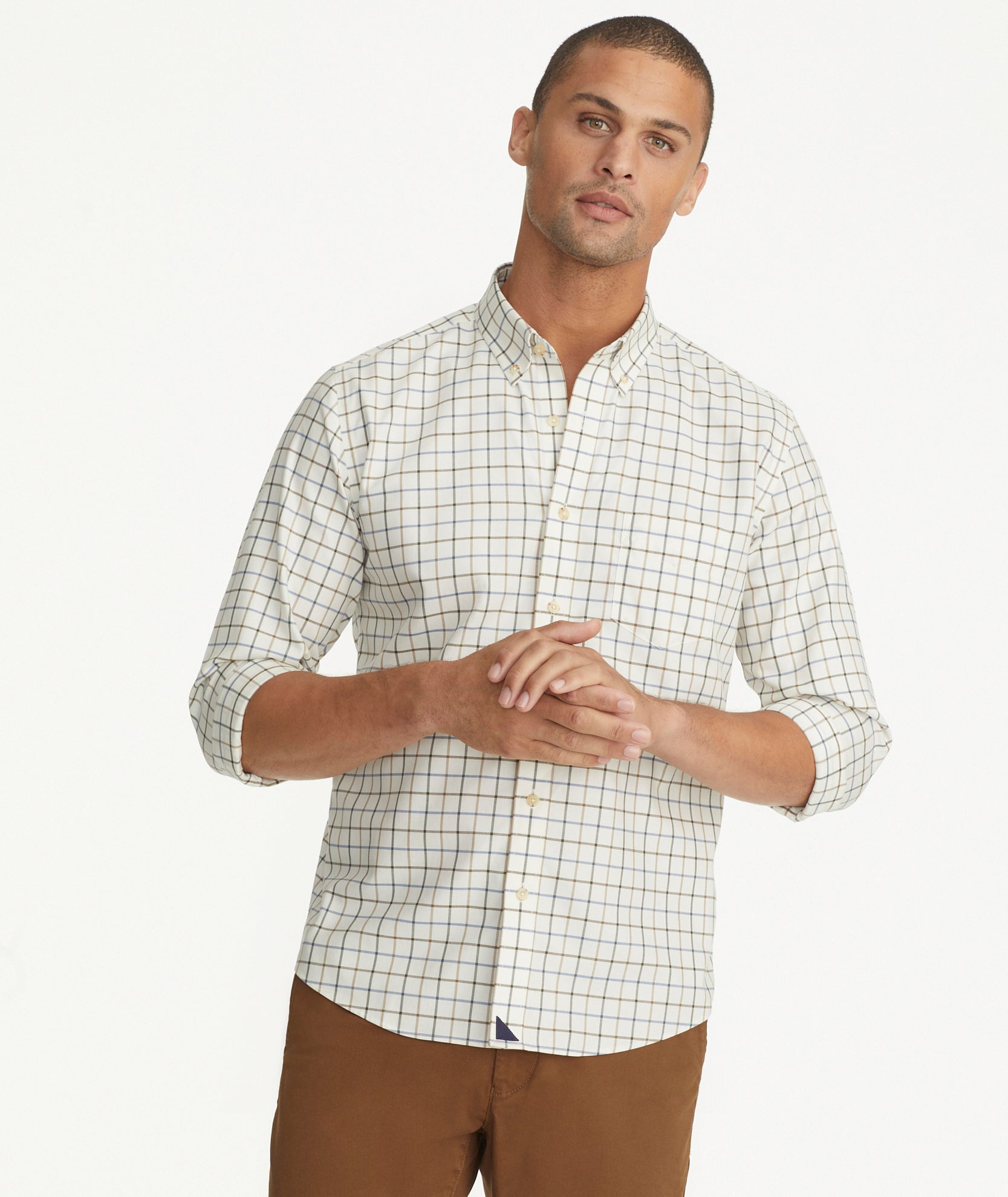 Wrinkle-Free Lorent Shirt Olive Tan & Blue Windowpane Check | UNTUCKit