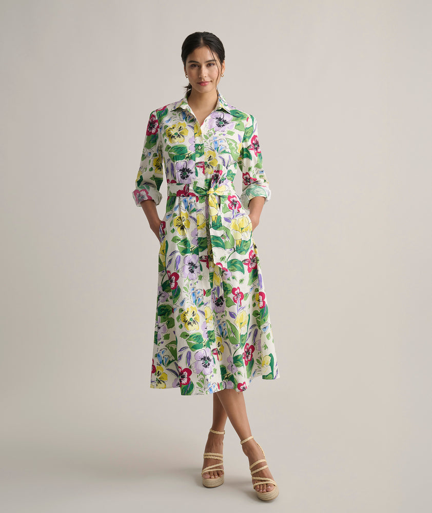 Model is wearing UNTUCKit Long Sleeve Cotton Stretch Floral Print Mariah Shirtdress .