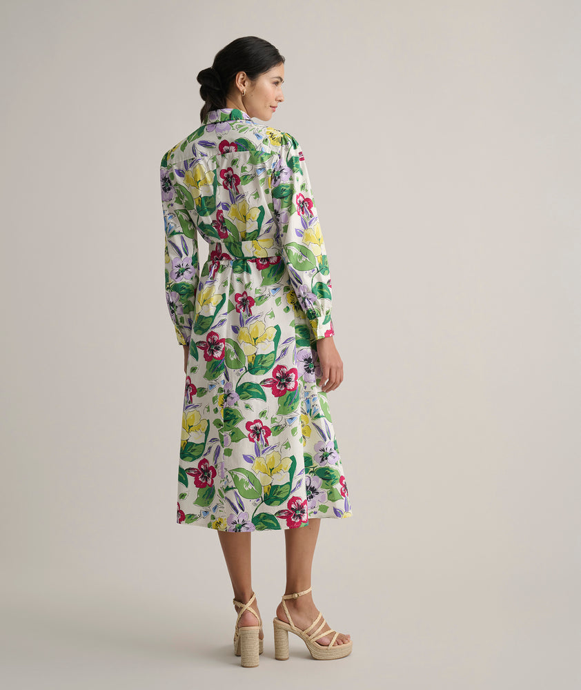 Model is wearing UNTUCKit Long Sleeve Cotton Stretch Floral Print Mariah Shirtdress .