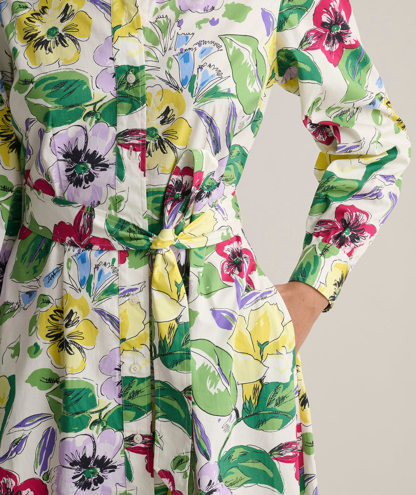 Model is wearing UNTUCKit Long Sleeve Cotton Stretch Floral Print Mariah Shirtdress .