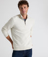 Model is wearing UNTUCKit Newbury cotton quarter zip in heather dove.