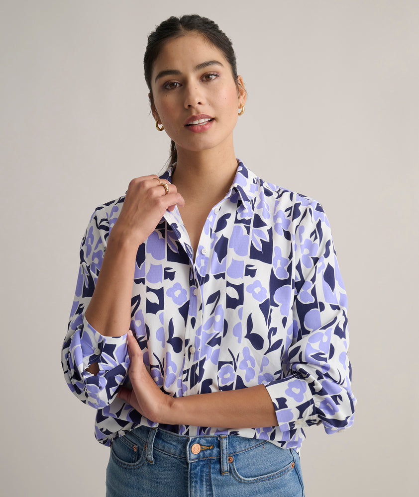 Model is wearing UNTUCKit Soft Floral Print Odette Shirt.