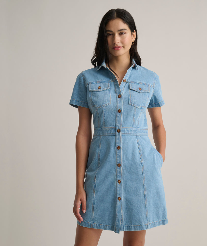 Model is wearing UNTUCKit Renee denim dress.