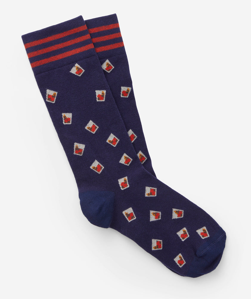 Dark blue socks with whiskey glasses. 