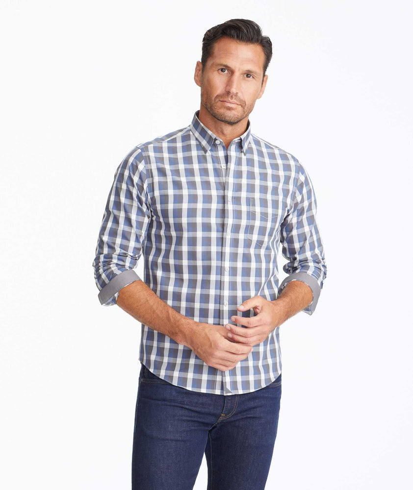 Model wearing a Blue Wrinkle-Free Altamura Shirt