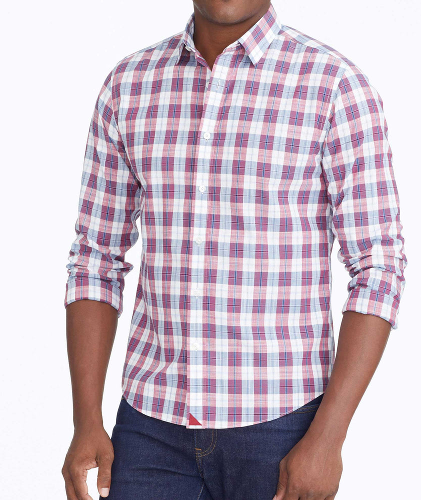 Model wearing a Red Wrinkle-Free Denner Shirt