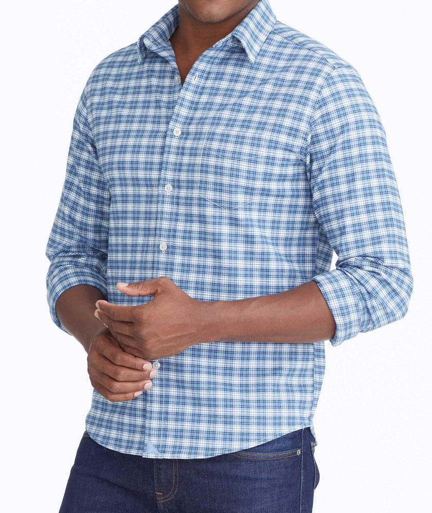 Model wearing a Blue Wrinkle-Free Performance Flannel Dhais Shirt