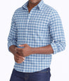 Model wearing a Blue Wrinkle-Free Performance Flannel Dhais Shirt