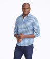 Model wearing a Blue Wrinkle-Free Performance Flannel Dhais Shirt